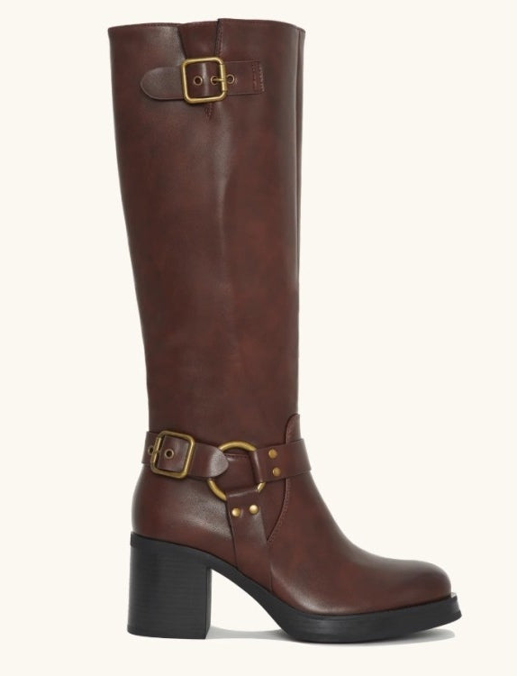 Bottes Hautes Style Biker en Cuir Noir Boucles et Talon Carré "Raven" Marron choco