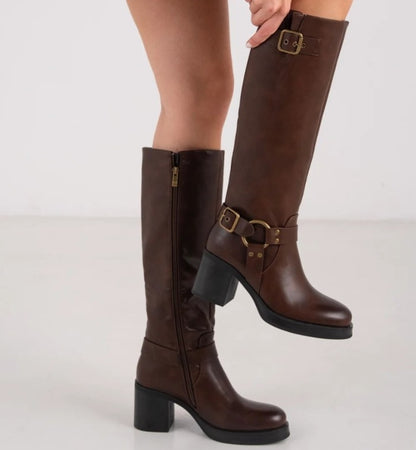 Bottes Hautes Style Biker en Cuir Noir Boucles et Talon Carré "Raven" Marron choco