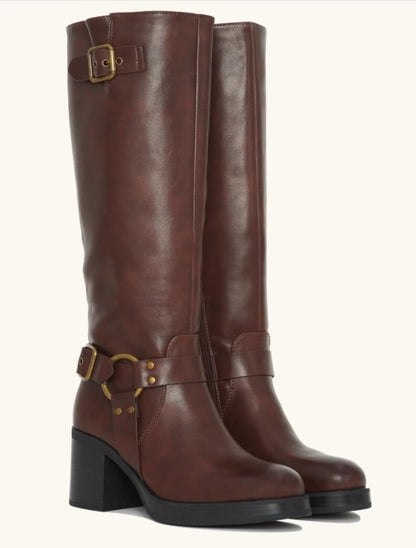 Bottes Hautes Style Biker en Cuir Noir Boucles et Talon Carré "Raven" Marron choco