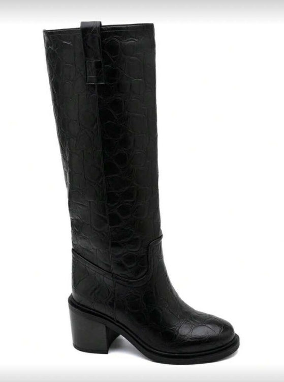 BOTTES HAUTES – TALON CARRÉ CONFORTABLE EN FAÇON CROCO MISS SERENA NOIR
