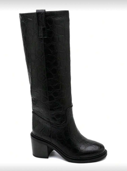 BOTTES HAUTES – TALON CARRÉ CONFORTABLE EN FAÇON CROCO MISS SERENA NOIR