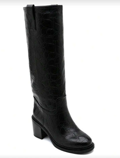 BOTTES HAUTES – TALON CARRÉ CONFORTABLE EN FAÇON CROCO MISS SERENA NOIR