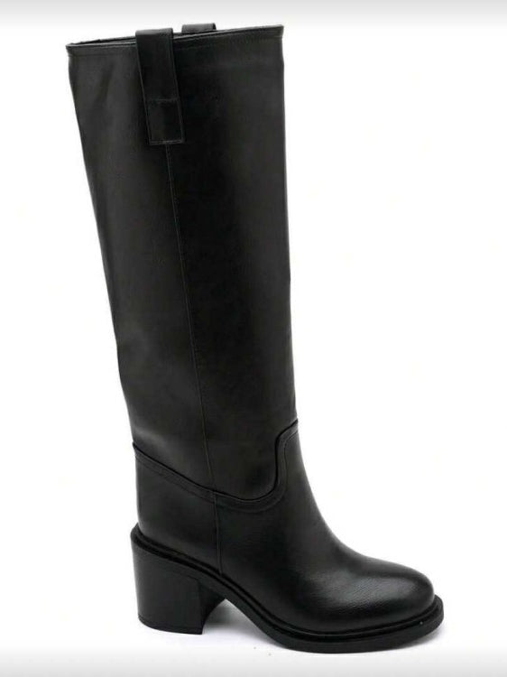 BOTTES HAUTES TALON CARRÉ CONFORTABLE EN SIMILI CUIR LISSE MISS SERENA NOIR