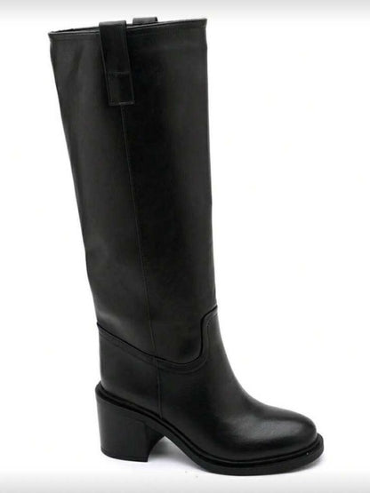 BOTTES HAUTES TALON CARRÉ CONFORTABLE EN SIMILI CUIR LISSE MISS SERENA NOIR