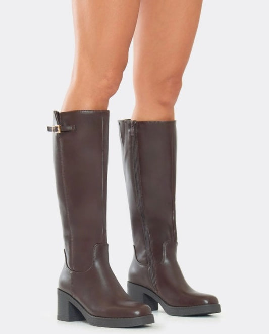 BOTTES MONTANTES TALON CARRE MARRON BOUCLE MISS ANAE