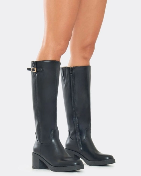BOTTES MONTANTES TALON CARRE NOIR BOUCLE MISS ANAE