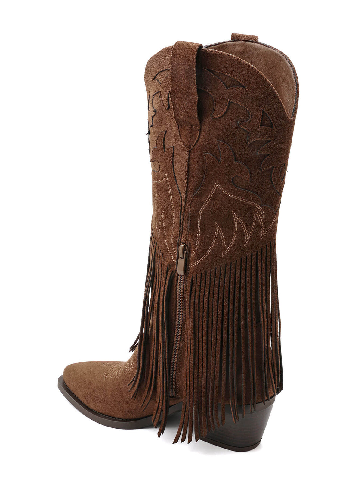 BOTTES WESTERN À FRANGES EFFET DAIM CAMEL– SANTIAGS BRODÉES TALON BLOC | MISS MOLLY