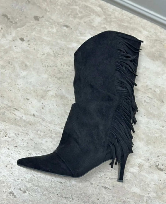 BOTTINES À FRANGES COWGIRL PETIT TALON AIGUILLE ULTRA ÉLÉGANTES MISS EMMANUELLE NOIR