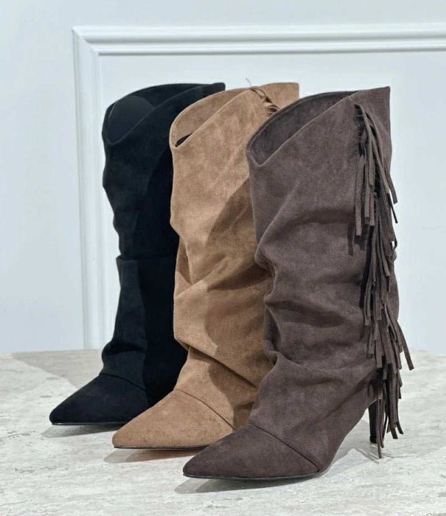 BOTTINES À FRANGES COWGIRL PETIT TALON AIGUILLE ULTRA ÉLÉGANTES MISS EMMANUELLE CAMEL