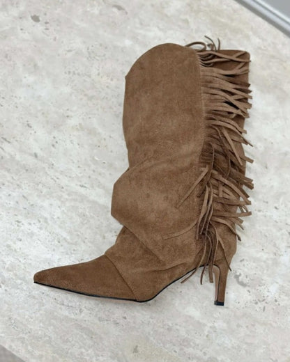 BOTTINES À FRANGES COWGIRL PETIT TALON AIGUILLE ULTRA ÉLÉGANTES MISS EMMANUELLE CAMEL