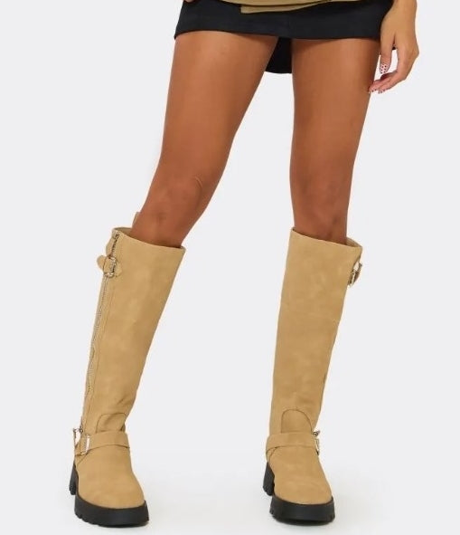 CHAUSSURES FEMME BOTTES HAUTES BEIGE ZIP BUCKLE BOOTS AMARI