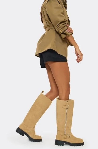 CHAUSSURES FEMME BOTTES HAUTES BEIGE ZIP BUCKLE BOOTS AMARI