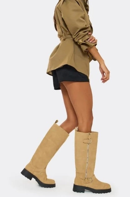 CHAUSSURES FEMME BOTTES HAUTES BEIGE ZIP BUCKLE BOOTS AMARI