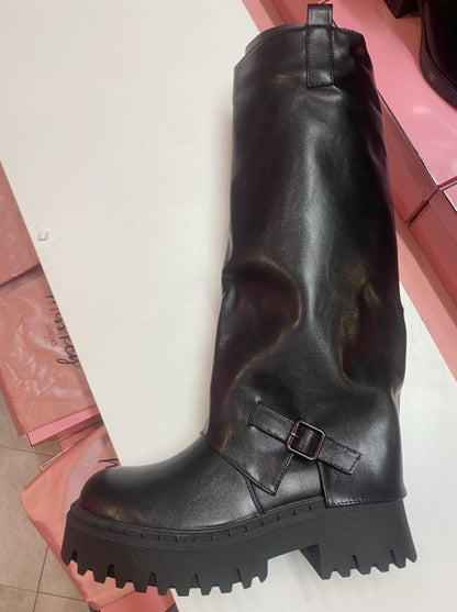 CHAUSSURES FEMME BOTTES HAUTES BICKER SIMILI CUIR NOIR BOUCLES MISS MARJO