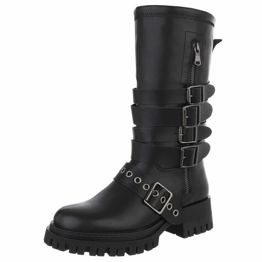 CHAUSSURES FEMME BOTTES HAUTES BIKER BOUCLES ET SANGLES NOIR MISS ANDREA
