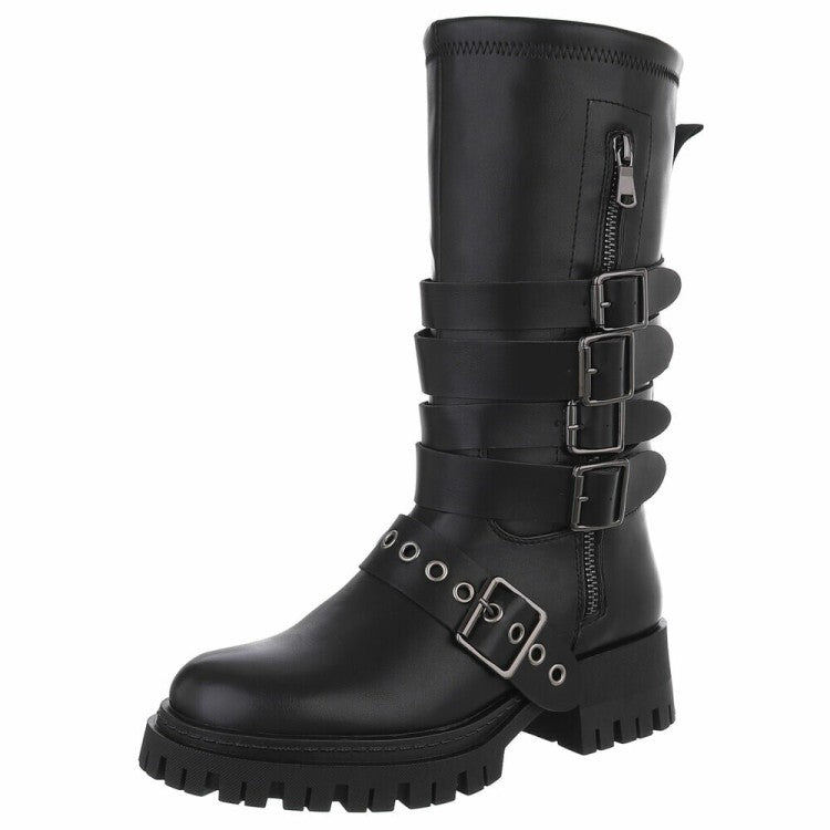 CHAUSSURES FEMME BOTTES HAUTES BIKER BOUCLES ET SANGLES NOIR MISS ANDREA