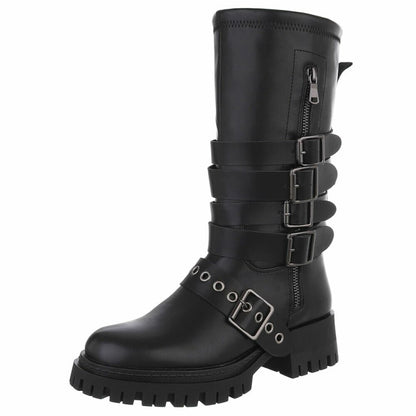 CHAUSSURES FEMME BOTTES HAUTES BIKER BOUCLES ET SANGLES NOIR MISS ANDREA