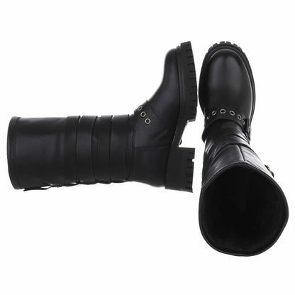 CHAUSSURES FEMME BOTTES HAUTES BIKER BOUCLES ET SANGLES NOIR MISS ANDREA