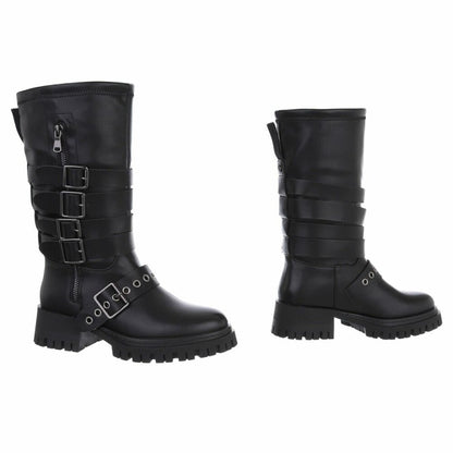 CHAUSSURES FEMME BOTTES HAUTES BIKER BOUCLES ET SANGLES NOIR MISS ANDREA