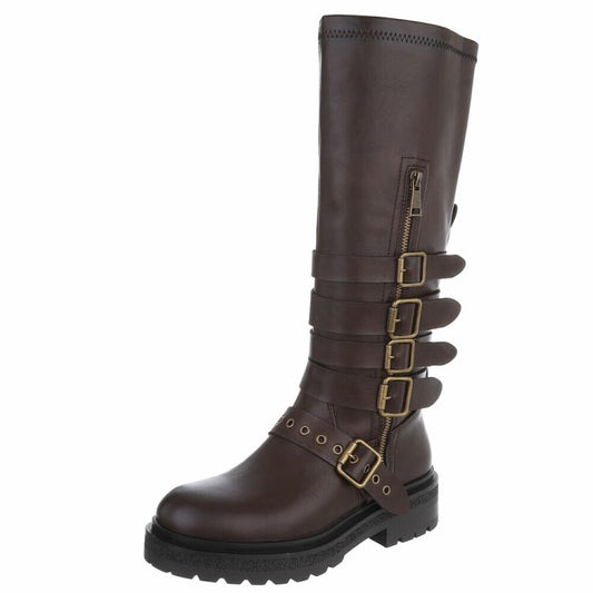 CHAUSSURES FEMME BOTTES HAUTES BIKER BOUCLES ET SANGLES NOIR MISS MARGA CHOCO