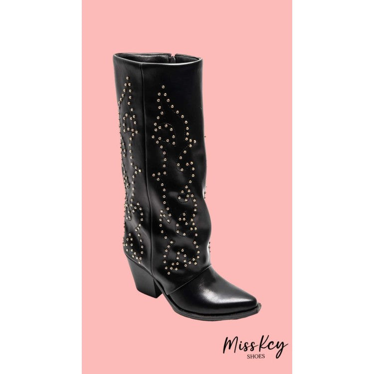 CHAUSSURES FEMME BOTTES HAUTES NOIR CLOUTEE MISS COVA