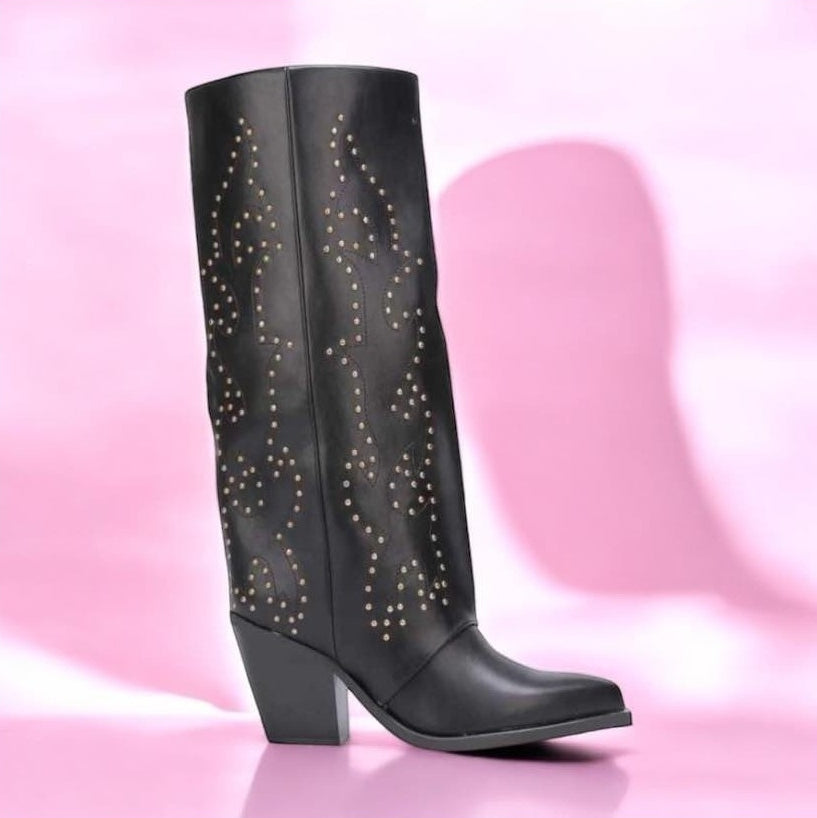 CHAUSSURES FEMME BOTTES HAUTES NOIR CLOUTEE MISS COVA