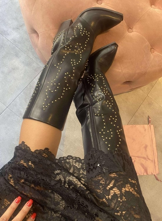 CHAUSSURES FEMME BOTTES HAUTES NOIR CLOUTEE MISS COVA
