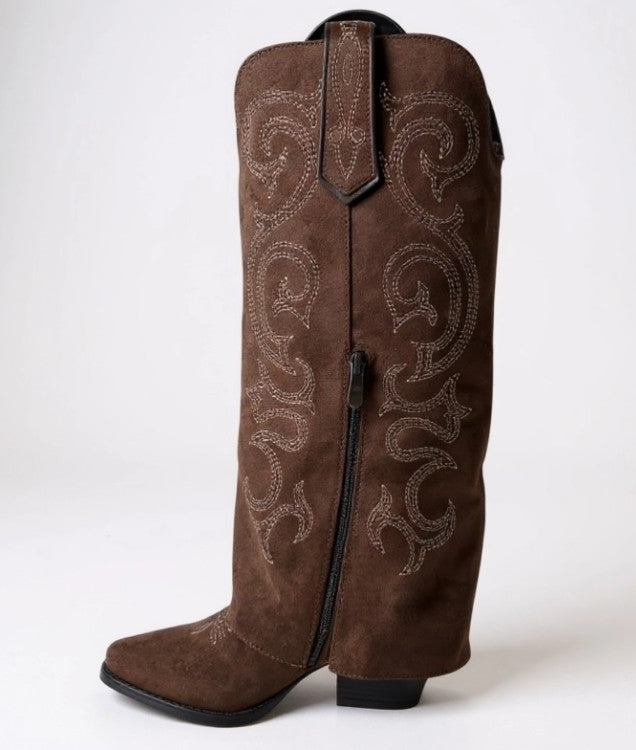 CHAUSSURES FEMME BOTTES HAUTES SUEDINE FRANGES BRODERIE MISS MAGGY CHOCO