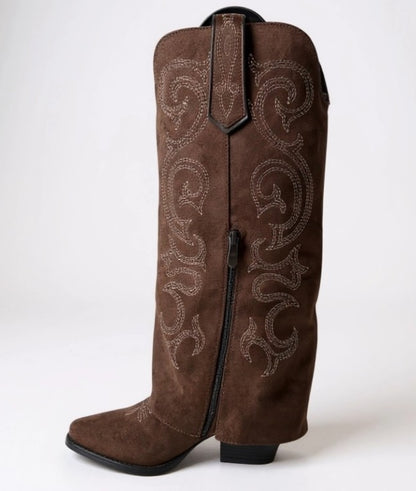 CHAUSSURES FEMME BOTTES HAUTES SUEDINE FRANGES BRODERIE MISS MAGGY CHOCO