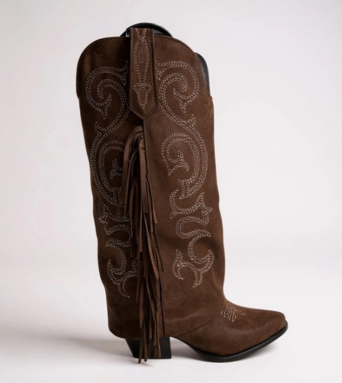 CHAUSSURES FEMME BOTTES HAUTES SUEDINE FRANGES BRODERIE MISS MAGGY CHOCO