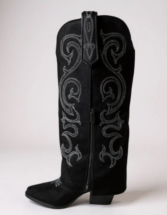 CHAUSSURES FEMME BOTTES HAUTES SUEDINE FRANGES BRODERIE MISS MAGGY NOIR