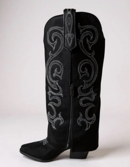 CHAUSSURES FEMME BOTTES HAUTES SUEDINE FRANGES BRODERIE MISS MAGGY NOIR
