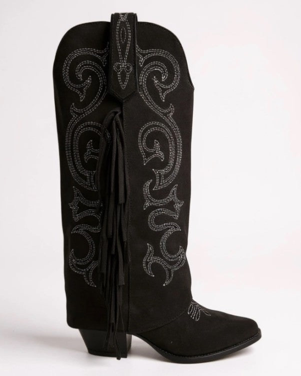CHAUSSURES FEMME BOTTES HAUTES SUEDINE FRANGES BRODERIE MISS MAGGY NOIR