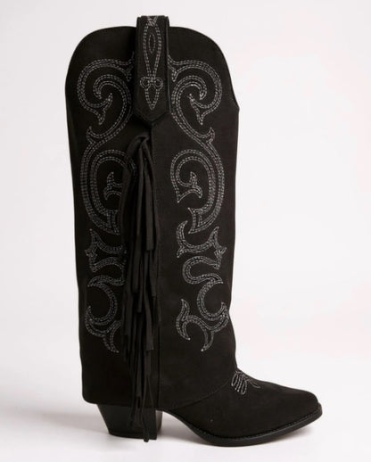 CHAUSSURES FEMME BOTTES HAUTES SUEDINE FRANGES BRODERIE MISS MAGGY NOIR