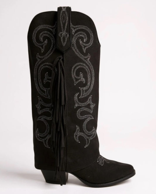 CHAUSSURES FEMME BOTTES HAUTES SUEDINE FRANGES BRODERIE MISS MAGGY NOIR