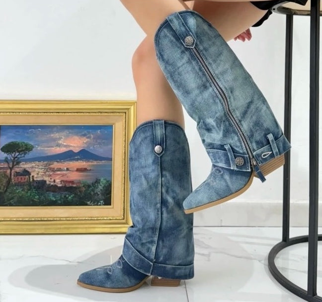 CHAUSSURES FEMME BOTTES HAUTES TALON LARGE BOUT POINTUE FERMETURE ECLAIRE MISS TEXANE DENIM