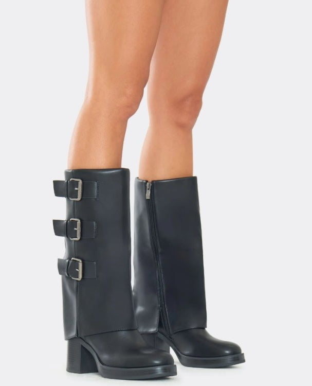 CHAUSSURES FEMME BOTTES MI HAUTES MULTI BOUCLES TALON CARRE MISS RONDA NOIR