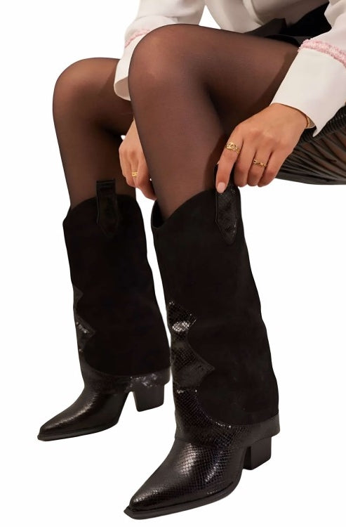 CHAUSSURES FEMME BOTTES MI HAUTES WESTERN MISS CROCO NOIR