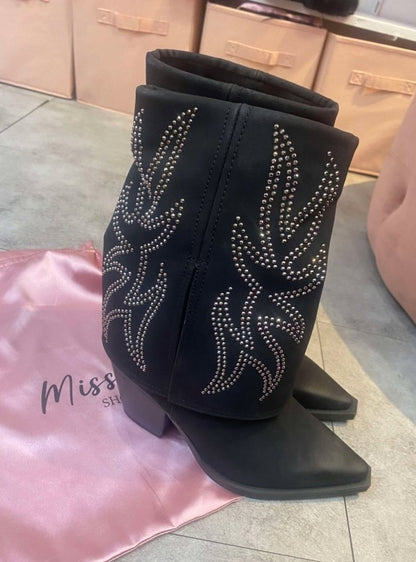 CHAUSSURES FEMME BOTTES WESTERN STRASS MISS LILY NOIR PROMO