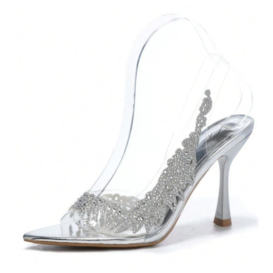 CHAUSSURES FEMME ESCARPINS TRANSPARANTS SLINGBACK STRASS ARGENT SOIREE MARIAGE MISS MACY