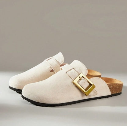 Chaussures femme sabot boucle miss clogs blanc cassé et or