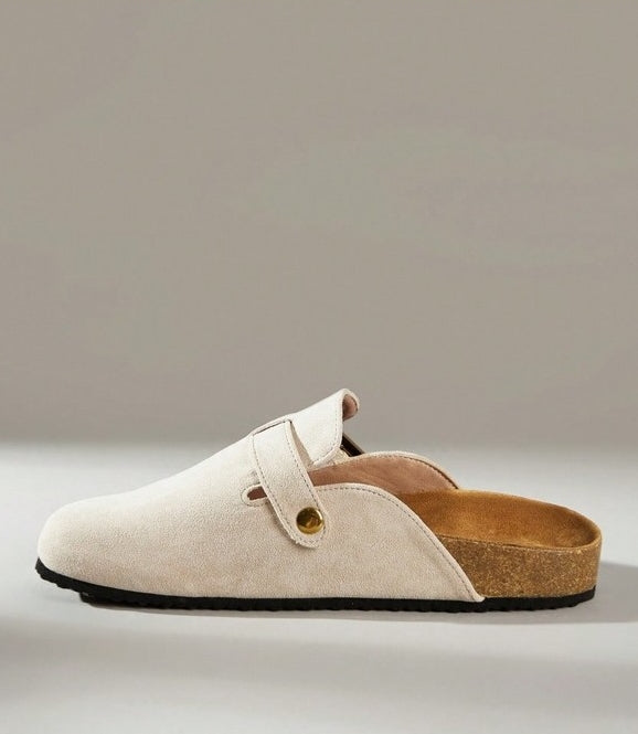 Chaussures femme sabot boucle miss clogs blanc cassé et or
