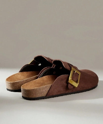 Chaussures femme sabot boucle miss clogs marron et or