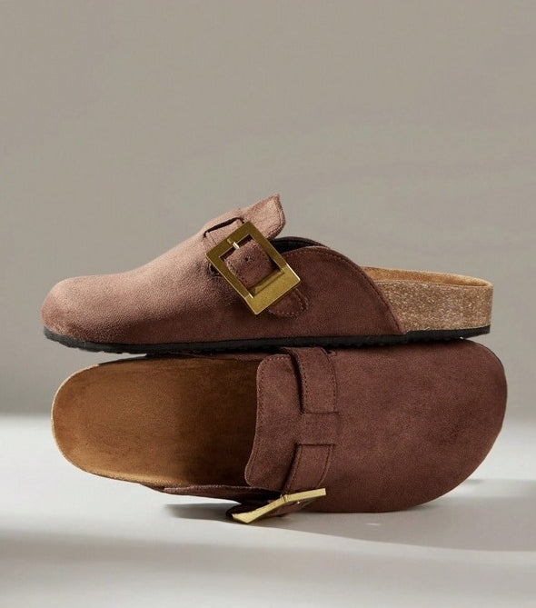 Chaussures femme sabot boucle miss clogs marron et or