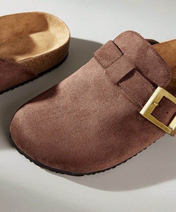 Chaussures femme sabot boucle miss clogs marron et or