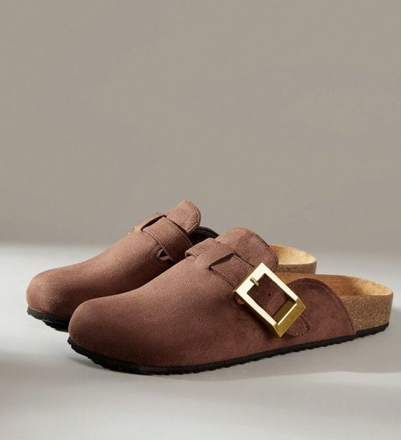 Chaussures femme sabot boucle miss clogs marron et or