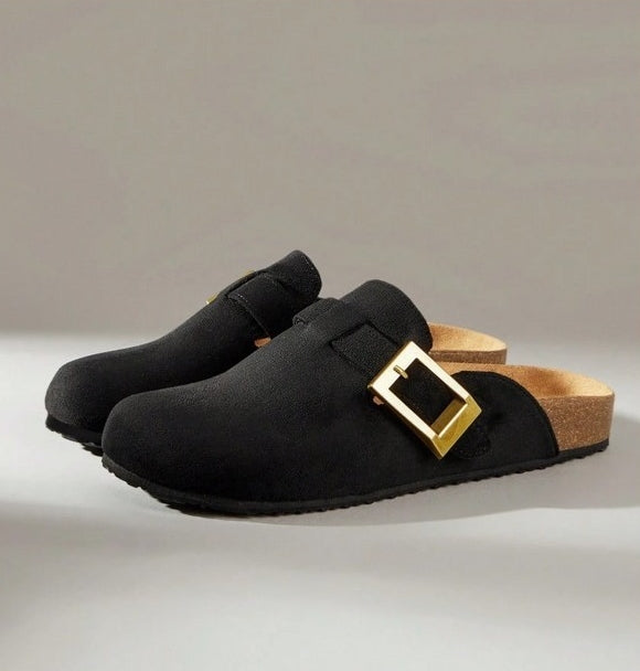 Chaussures femme sabot boucle miss clogs noir et or