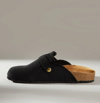 Chaussures femme sabot boucle miss clogs noir et or