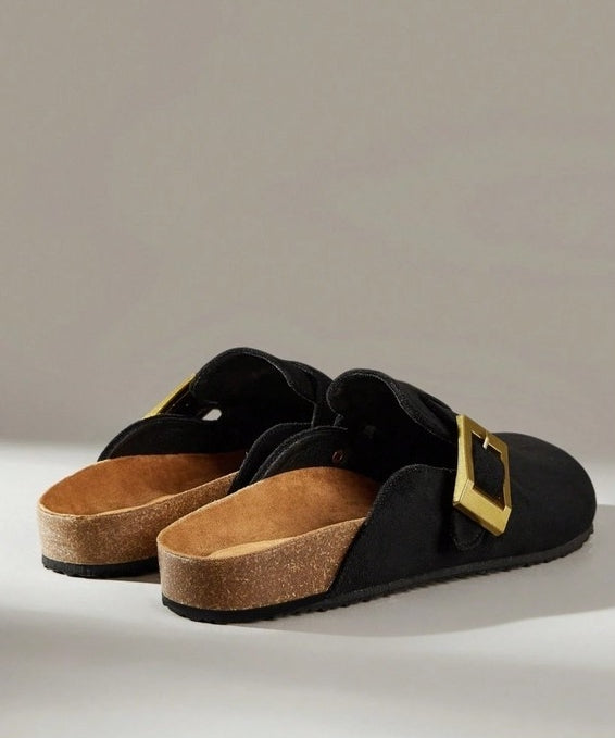 Chaussures femme sabot boucle miss clogs noir et or