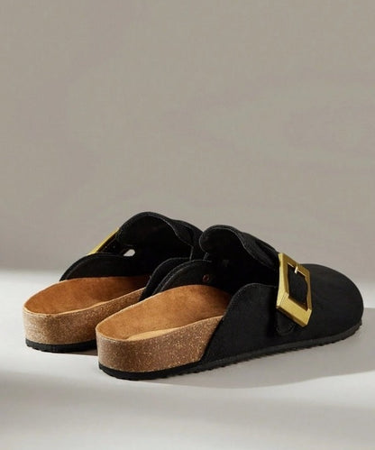 Chaussures femme sabot boucle miss clogs noir et or